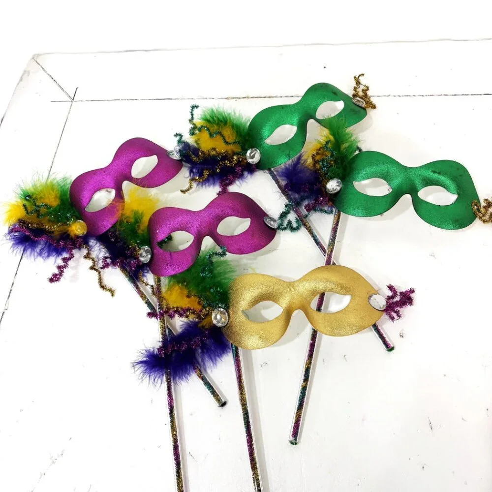 Mardi Gras Masks Set of 5 Colorful Harlequin on Sticks NWT NOS